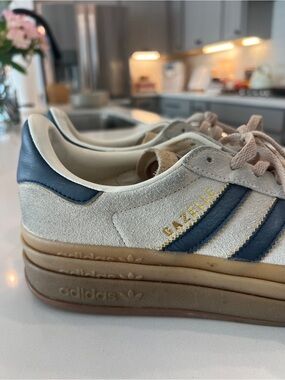 adidas Gazelle Suede Sneakers in Cream and Navy with Gum Sole